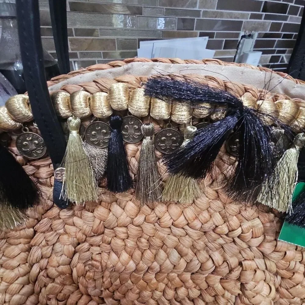 Sam Edelman Round Woven Straw Tote Bag with Decorative Tassels and Coin Accents